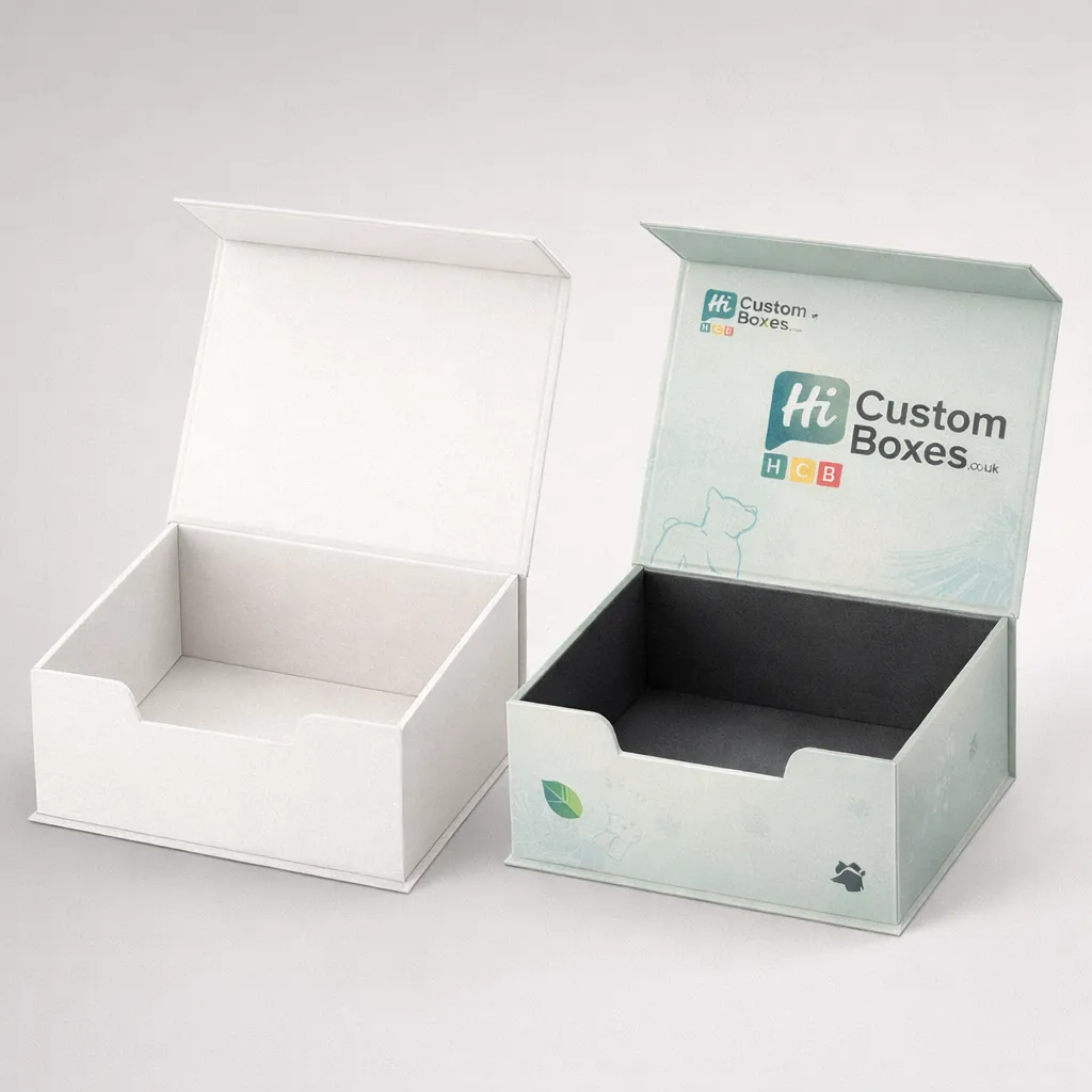 Two premium magnetic gift boxes with hinged lids, featuring one plain white and one branded design. class=